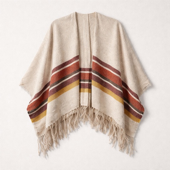 Beige Striped Fringe Knit Poncho - Women Sweater nwt - Picture 2 of 3